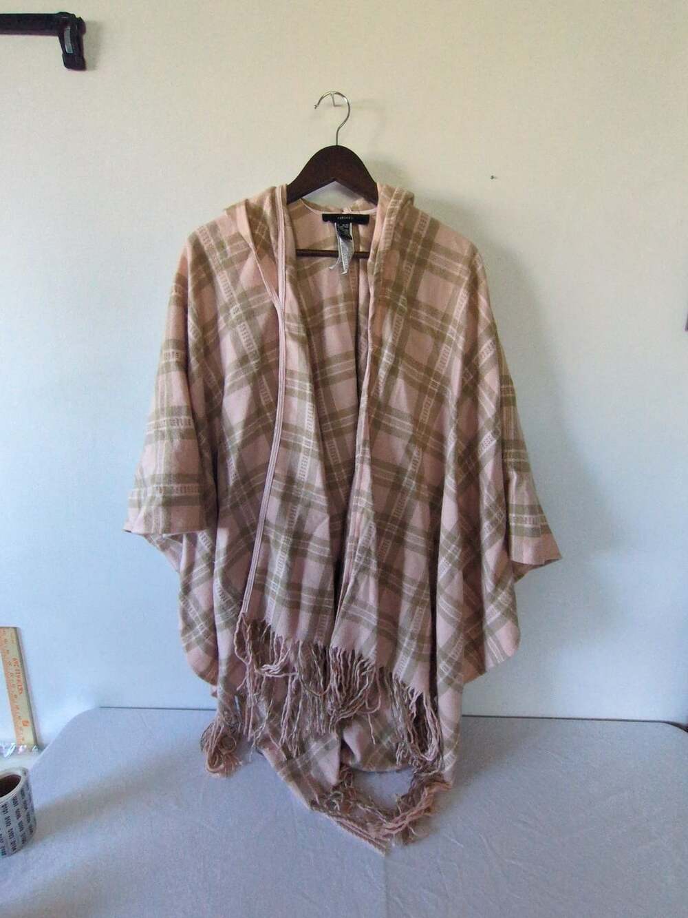 Forever 21 Plaid Hooded Poncho Size One Size Pink Fringe Wrap